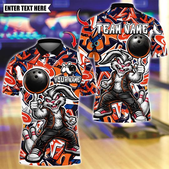 Discover Custom Bowling Team Polo Shirt, Cool Streetwear Rabbit Bowling Design, Personalized Bowling Jersey for Men,Personalized Name Team 3D Shirt