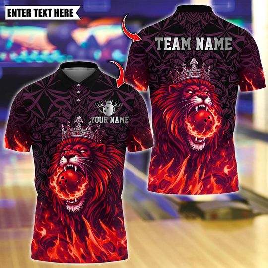 Discover Custom Bowling Team Polo Shirt, Lion King With Flaming Lion Design, Personalized Bowling Jersey for Men, Personalized Name Team 3D Shirt