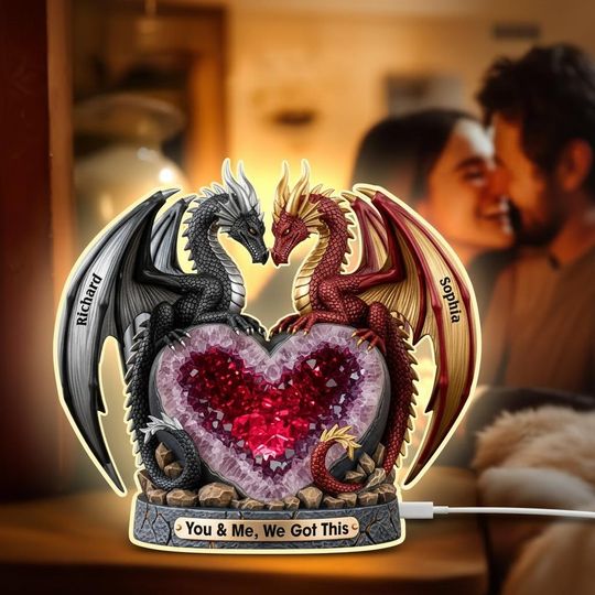 Dragon Acrylic Light Box, Mythical Couple Valentine Shaped Box, Fantasy 2D Printed Decor, Unique Valentine Gift