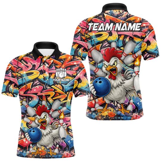 Discover Custom Bowling Team Polo Shirt, Personalized Chicken Bowling Jersey, Graffiti All Over Print Funny Team Name Gift for Bowlers Unisex