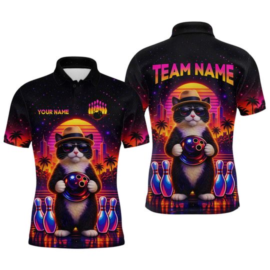 Discover Custom Bowling Team Polo Shirt, Retro Cat Bowling Jersey, Personalized Name and Team Name Shirt, Neon Sunset Bowling Uniform for Leagues