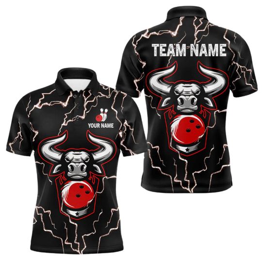 Discover Personalized Bull Bowling Polo Shirt, Custom Team Name Bowling Jersey, Lightning Black Red Uniform Gift for League Players and Fans