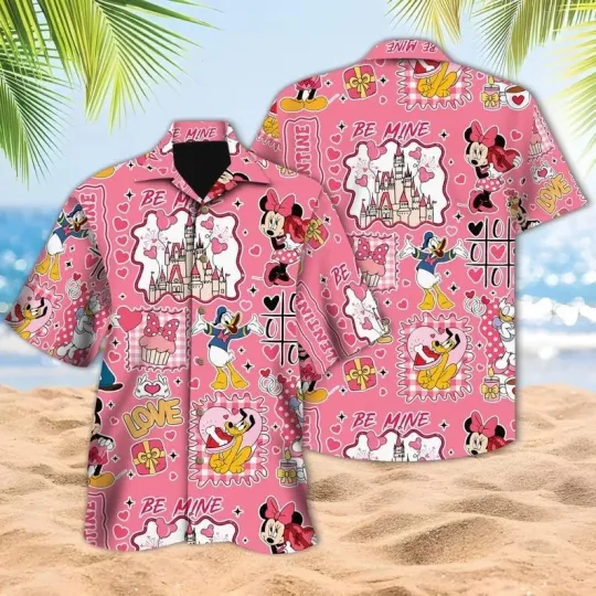 Discover Disney Minnie Goofy Donald Daisy Valentine Magic Pink Aloha Hawaiian Shirt