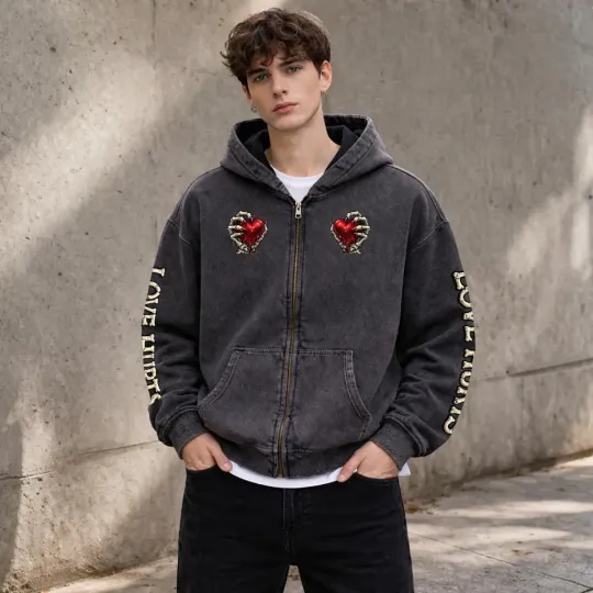Love Hearts Fleece-Lined Vintage Wash Zip Hoodies