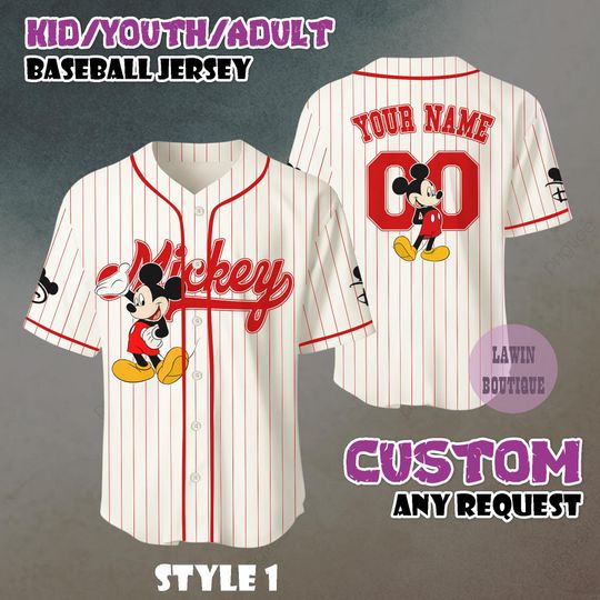 Discover Personalized Mickey Mouse Kids Baseball Jersey, Disney Birthday Party Shirt, Custom Name Outfit