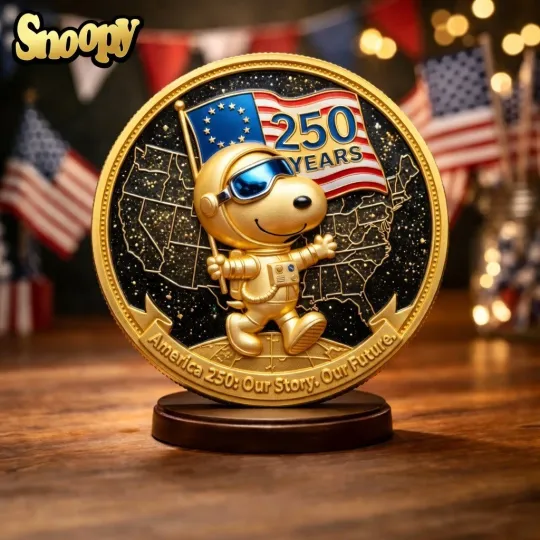 Discover Snoopy America 250th Anniversary Gold Coin 1776-2026 USA 250 Years Astronaut Med