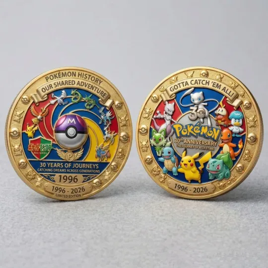 PKM 30th Anniversary Coin All Starters Pika Mew 1996-2026 Gold Plated New