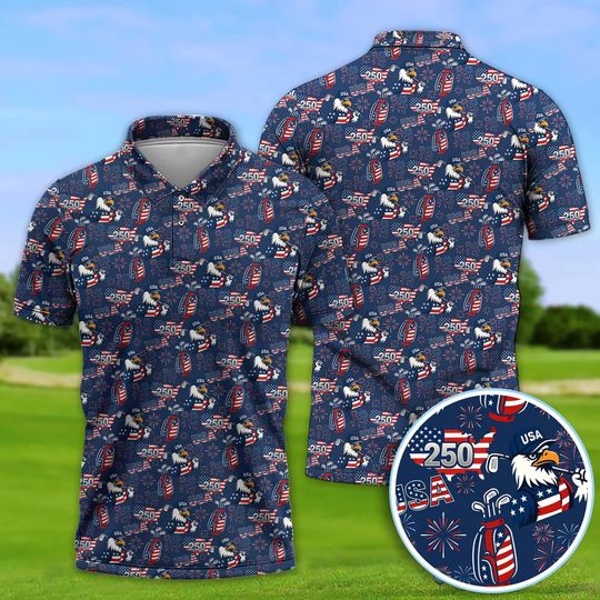 America 250th Anniversary Polo Shirt, Patriotic Bald Eagle American Flag Golf Shirt, USA Birthday 2026 Polo, 4th of July Shirt for Men