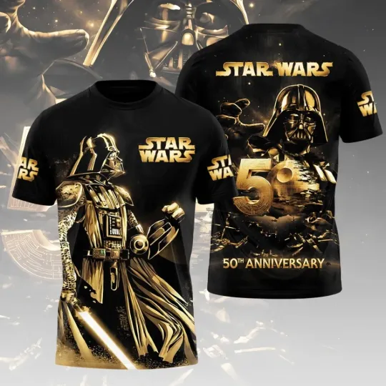Discover Star Wars 50th Anniversary Shirt Darth Vader Gold Tribute 3D All Over Print Tee
