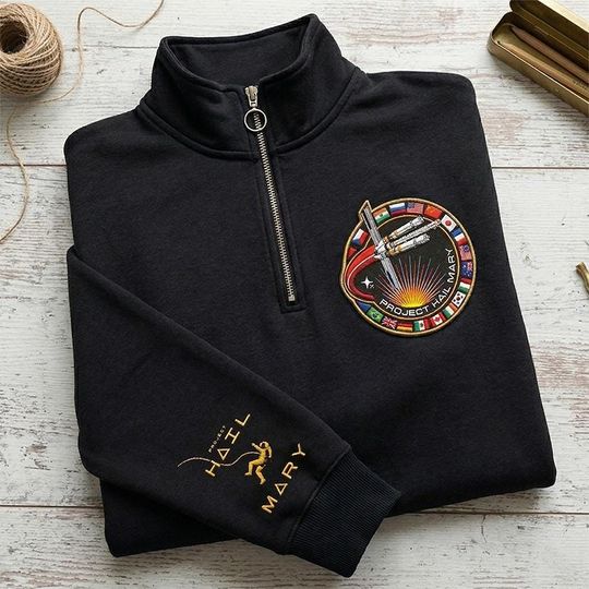Embroidered Project Hail Mary Mission Patch Quarter Zip Jacket, Sci fi Movie Zip Up Sweater
