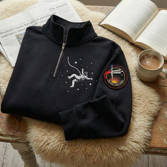 Project Hail Mary Embroidered Quarter-Zip Sweatshirt, Astronaut Space Quote Sweater