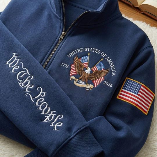 Discover Embroidered USA Anniversary Quarter Zip Sweatshirt, We The People Crewneck, USA Flag Patch Shirt, Patriotic Gift