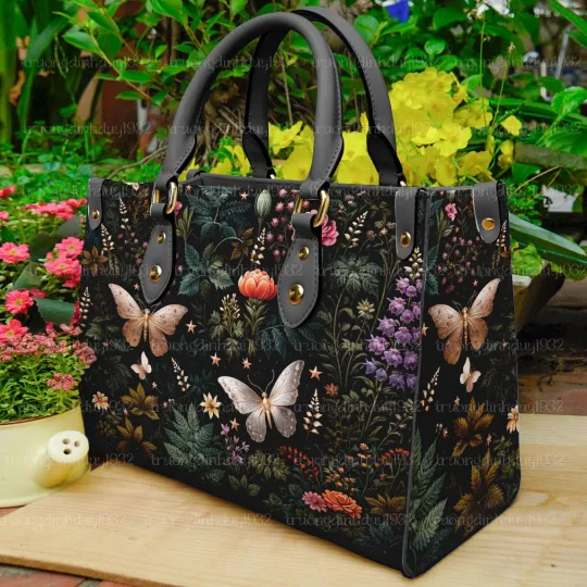 Discover Butterfly Floral Leather Tote Bag, Moth Purse, Mandala Leather Bag for Her