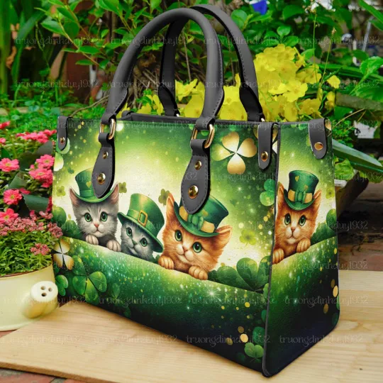 Discover St Patrick’s Day Green Cat Leather Handbag with Shamrock and Lucky Charm