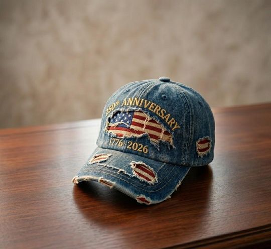 250th Anniversary Hat, 1776 to 2026 Cap, Distressed Denim American Flag Hat, USA Semiquincentennial Gift, Patriotic Baseball Hat, Dad Cap
