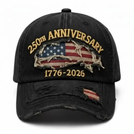 USA 250th Anniversary Distressed Denim Hat - Embroidered Patriotic American Gift