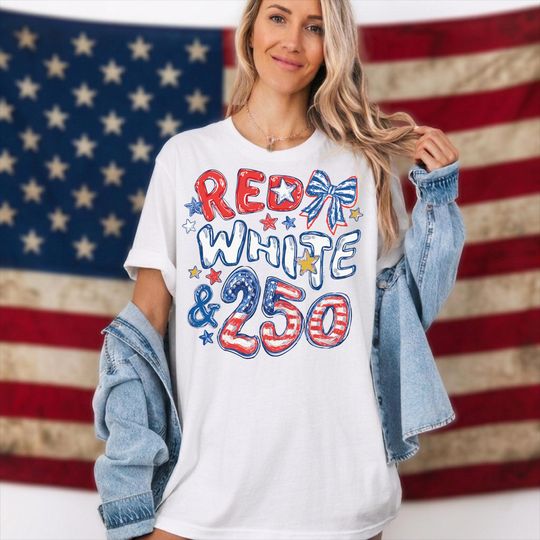 Discover Red White And 250 Bow Tshirt, America Flag Shirt, 4th of July Sweatshirt, Patriotic Mom Tee, Independence Day Tee, Patriotic Coquette Bow Te