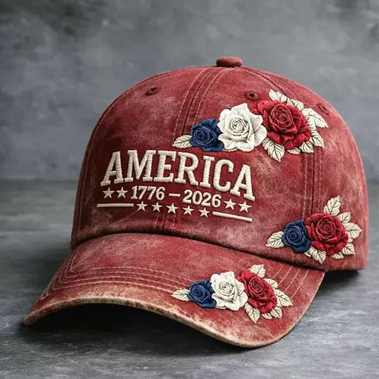 Rose Embroidered Dad Hat - Vintage Washed USA Flag Baseball Cap