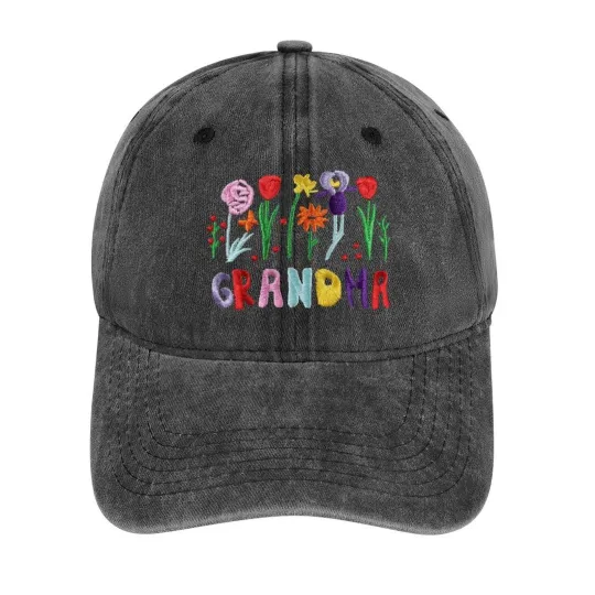 Floral Grandma Embroidered Washed Denim Baseball Cap