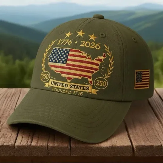 USA 250th Anniversary Embroidered Washed Denim Baseball Cap with American Flag and Map Design