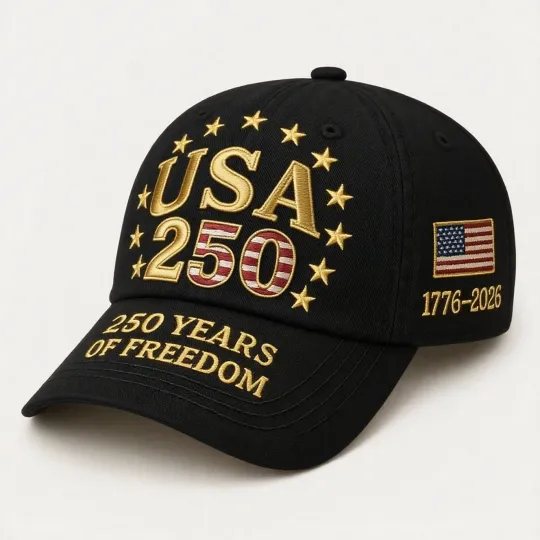 Discover USA 250 Years of Freedom Embroidered Denim Baseball Cap with American Flag Design