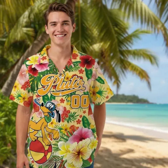Discover Custom Funny Pluto Dog Tropical Flowers Summer Vacation Aloha Hawaiian Shirt