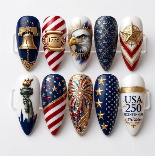 USA Bicentennial Press On Nails | Patriotic Eagle, Liberty Bell, Gold Chrome Art