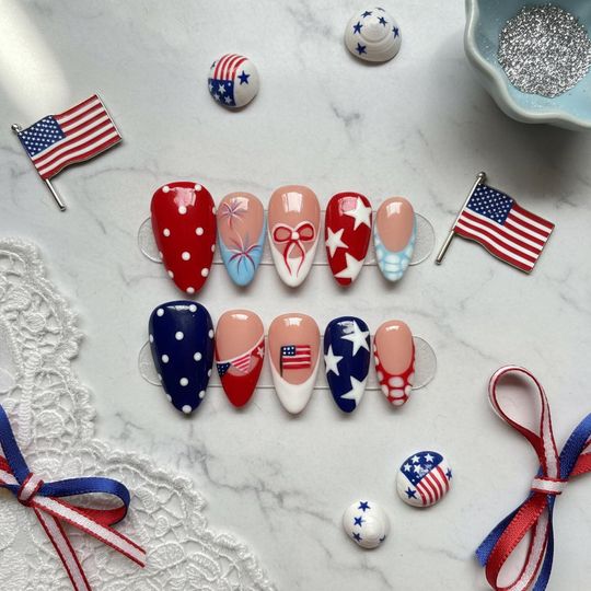 4th of July Nails, USA Nails Red White Blue Press On Nail