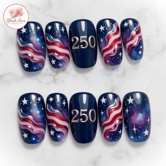 USA 250th Anniversary Galaxy Press On Nails, Patriotic Stars Stripes Fourth of July