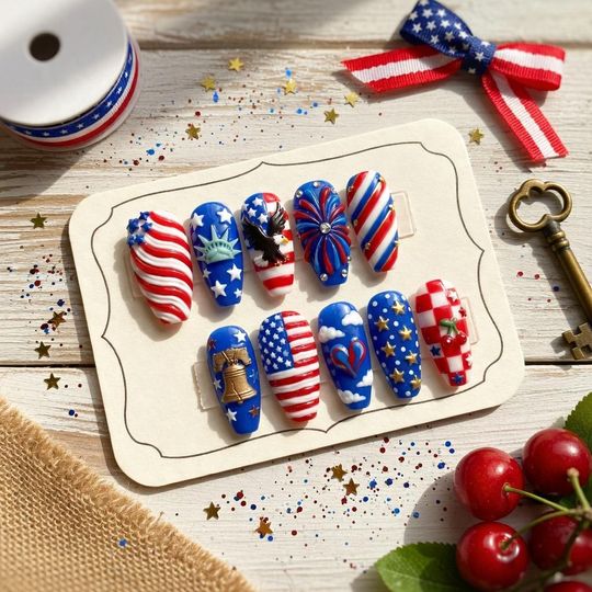 Patriotic Press-On Nails, 4th of July Nail Set, American Flag Nails, Independence Day Nail Art, Red White Blue Press On Nails