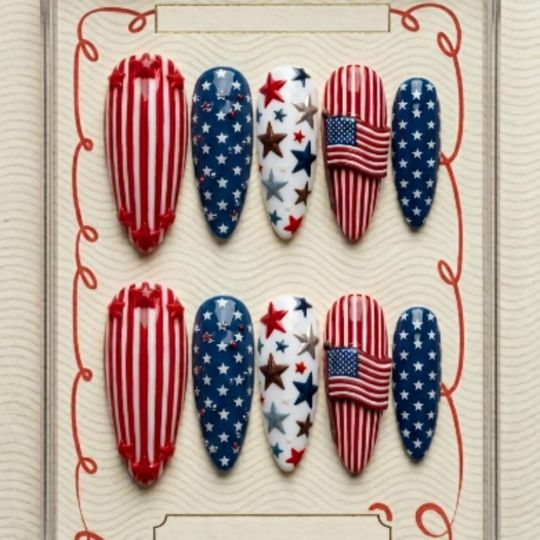 3D Americana Star-Spangled Patriotic Press On Nails | Red White & Blue Star Nail Art