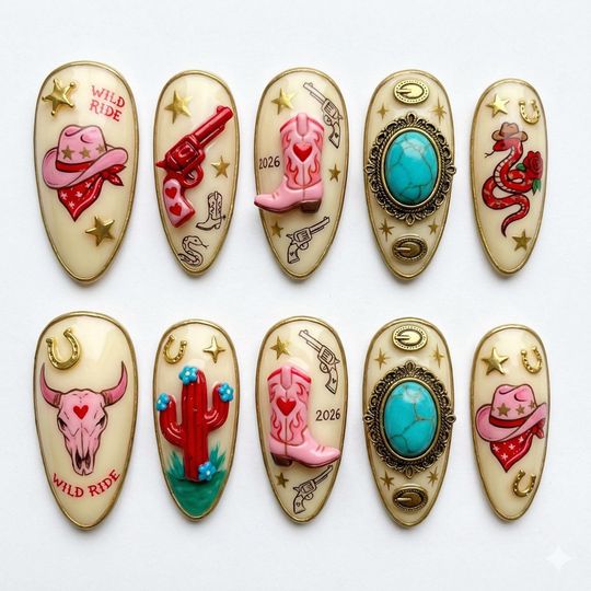 Houston Rodeo 2026  Wild Ride Texas Cowgirl Press On Nails
