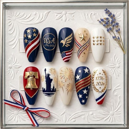 USA 2026 Press On Nails | 4th of July Patriotic Nails | Statue of Liberty & Liberty Bell Art | Independence Day Nails | Reusable Fake Nails