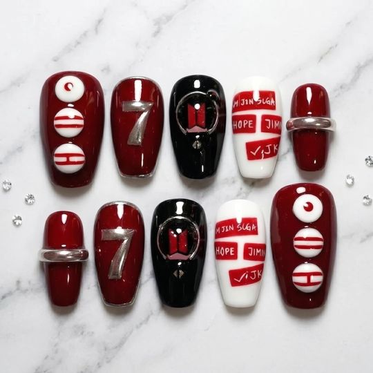 ARIRANG BTS Inspired Press On Nails, Edgy Black & Red 3D Gel Nail Art, Kpop ARMY Gift, 3D Silver Chrome Charms, 7 Members, World Tour 2026