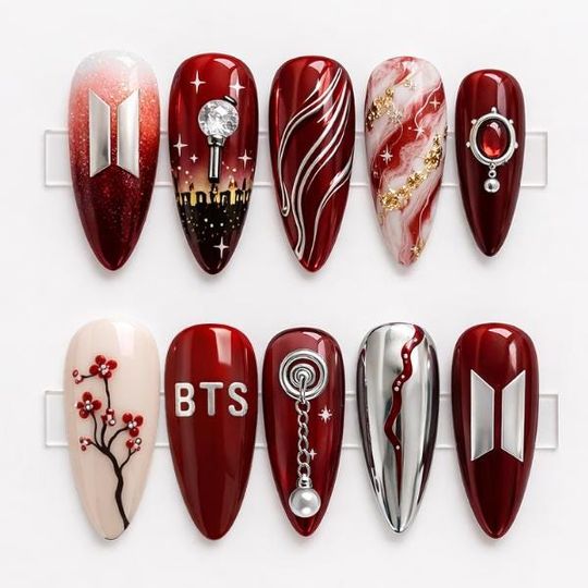 Kpop Inspired Press On Nails Red White Nail Set Concert Style Nails Arirang Spirit Nail Set