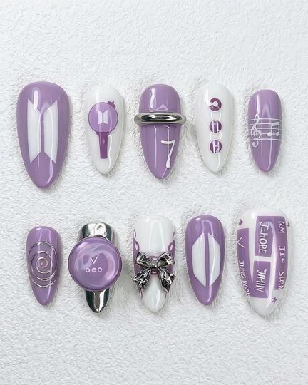 BTS OT7 Press On Nails, Purple Borahae ARMY Fandom Fake Nails, All Member Nail Art, Kpop Concert Merch, Edgy Y2K Nails