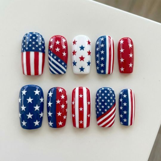 USA Patriotic Mixed Press On Nails: Red White Blue Stars Unique Elegant Gift Set