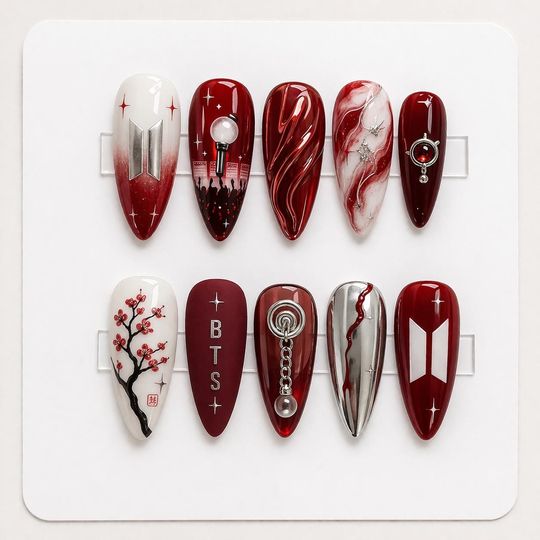 Kpop Inspired Press On Nails, Red and White Kpop Nail Set, Concert Nails, 7 Spirit Arirang Press On Nails
