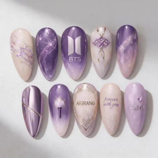 Kpop Comeback 2026 Press On Nails, Purple White Nail Set, 3D Luxury Gel Concert Nails