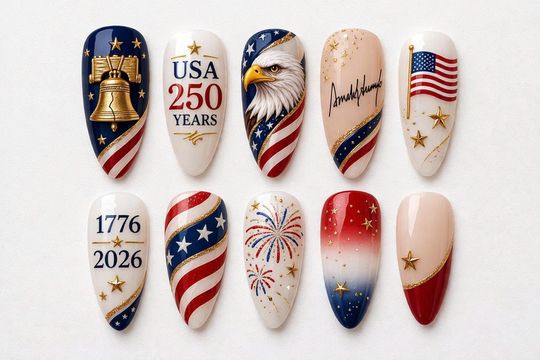 USA 250 Years Patriotic Press On Nails, American Flag Eagle Art Set