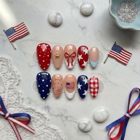 4th of July Press On Nails, USA Red White Blue Nails, Patriotic Nail Set, Independence Day Nails