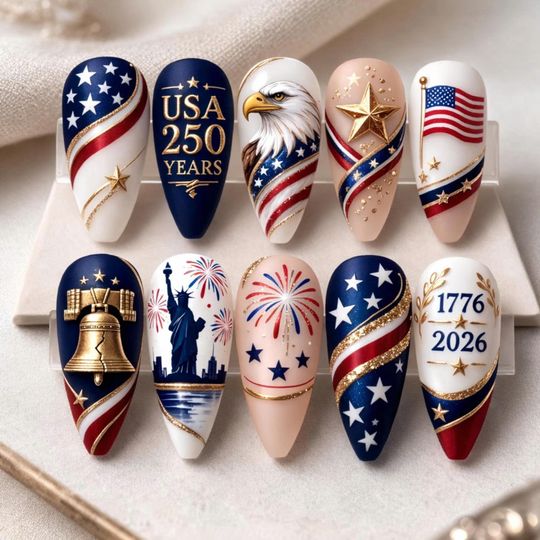 Discover USA 250 Years Patriotic Press On Nails, American Flag Eagle Art
