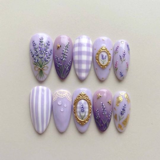 Lavender Floral Press On Nails, Cottagecore Bee Flower Nails, Gingham Gold Frame Nails, Pastel Romantic Spring Nails, Cute Summer Nails