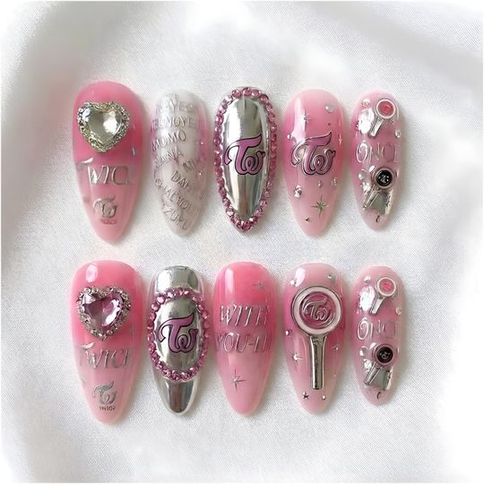 TWICE World Tour Press On Nails | 3D Candybong Lightstick, Pink Chrome, Heart Gems