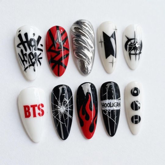 KPOP Hooligan Press On Nails | Arirang Comeback 2026 Art | 3D Chrome Liquid Metal Nails | Red Black Flame Graffiti Nails | K-pop Gel Nails