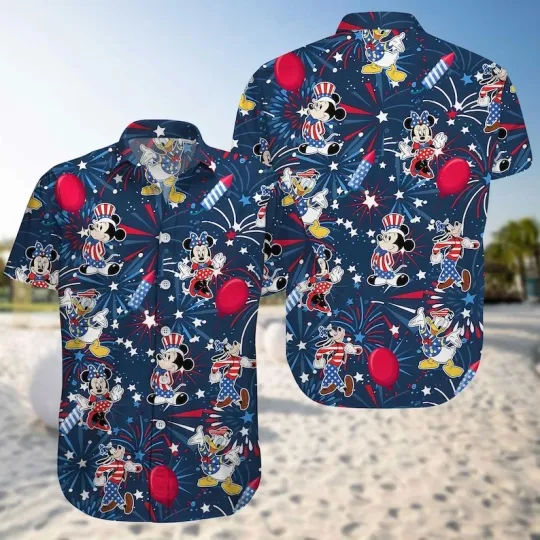 Mickey Minnie Donald Hawaiian Shirt, 4th Of July Fireworks Button Shirt Disney