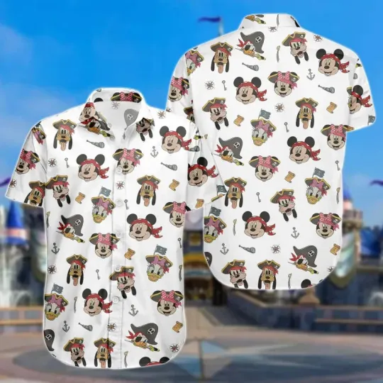 Disney Halloween Pirate Crew Button Hawaiian Shirt Mickey Minnie Donald Daisy