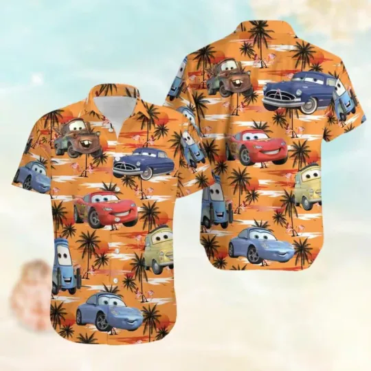 Lightning McQueen Hawaiian Shirt, Cars Movie Button Shirt, Racing Car Vacation