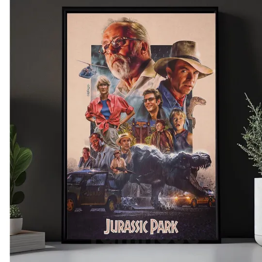 Jurassic Park Movie Poster Retro Collage Art Print - Spielberg Classic Film Deco