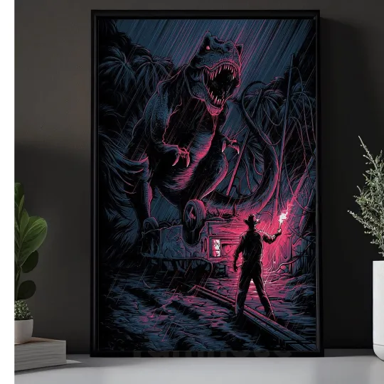 Jurassic Park T-Rex Attack Flare Movie Poster Art Print-Tyrannosaurus Rex Decor